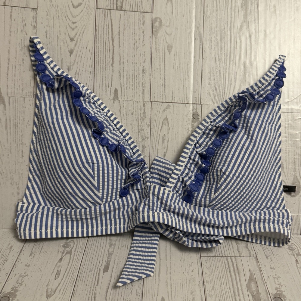 J. Crew Searsucker Blue White Bikini‎ Ruffle Lace Tie Swimsuit Top Size Small